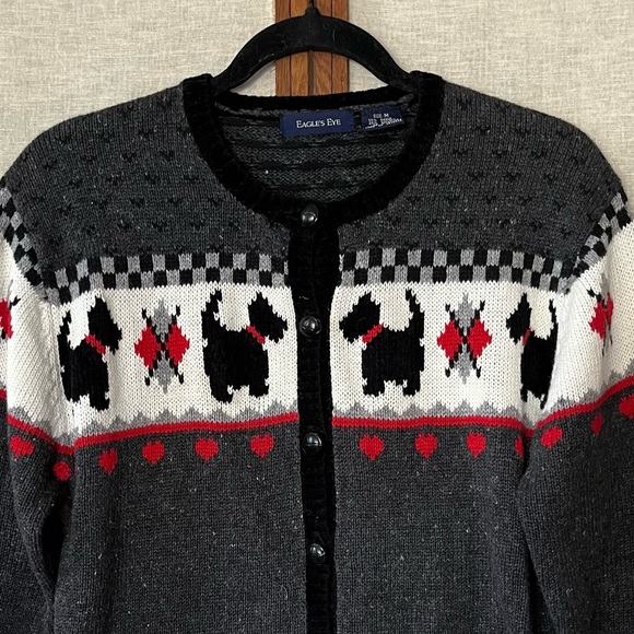 Vintage Eagle’s Eye Scottie Dog Heart Argyle Knit Cardigan Sweater - Medium - Picture 3 of 9